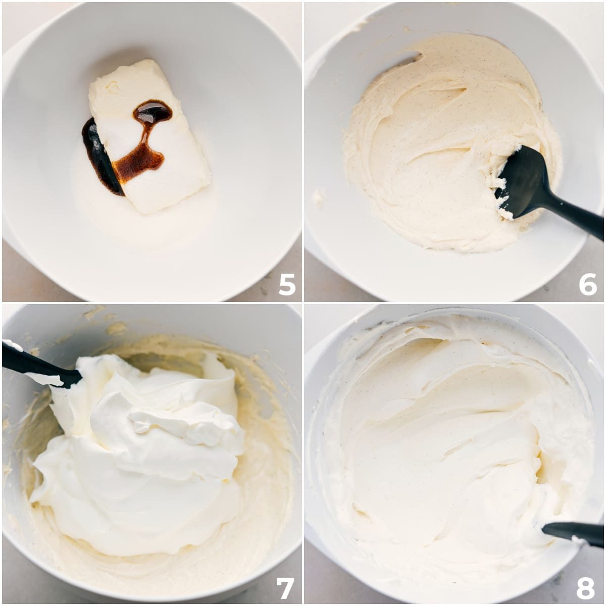 Beating cream cheese, heavy cream, and vanilla together, then folding in whipped cream for cheesecake in a jar.