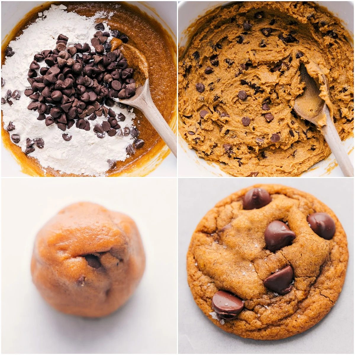 Dry ingredients are mixed into the wet ingredients, forming a dough that is rolled into balls and baked.