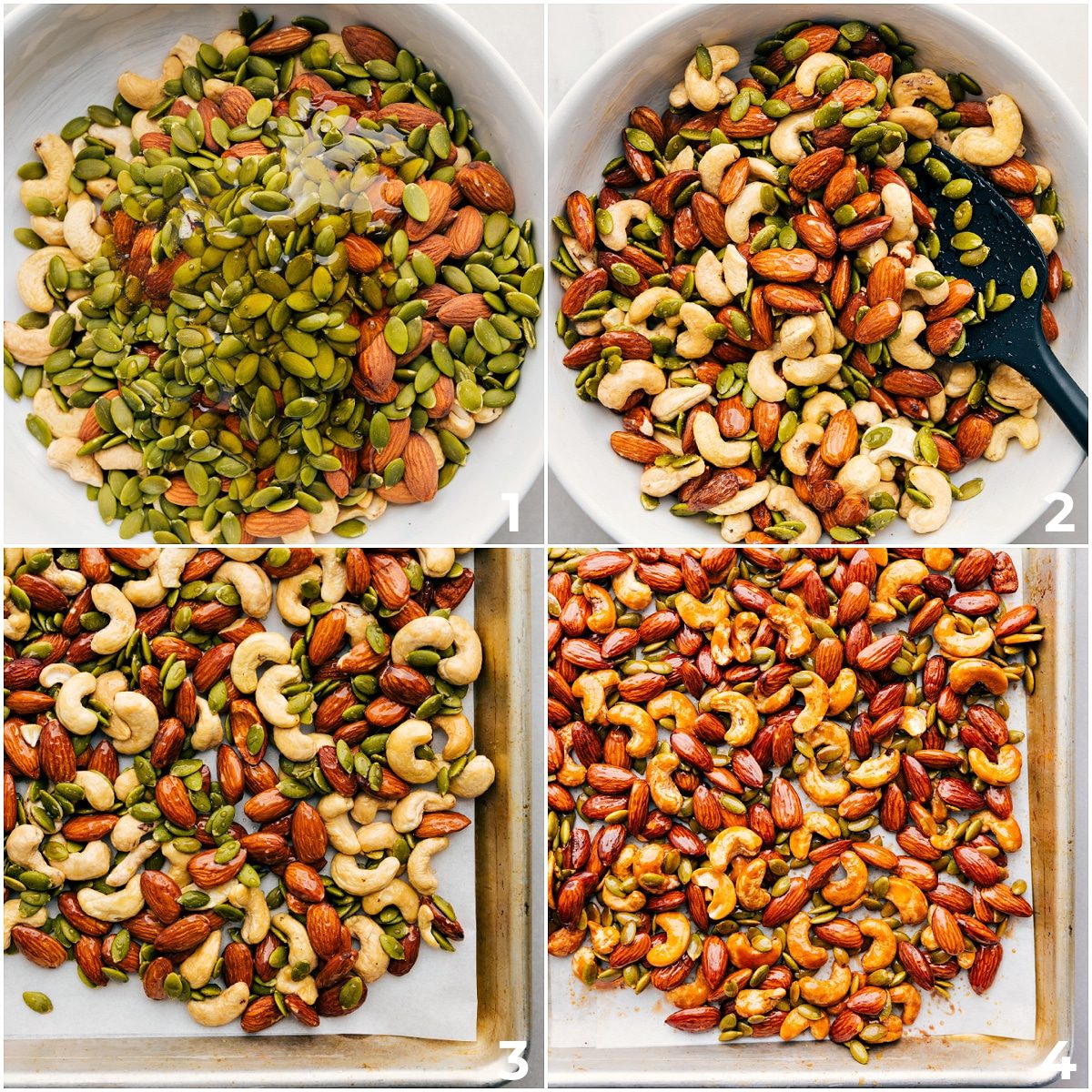 All the ingredients in being added to a bowl and mixed together then spread on a sheet pan to be baked.