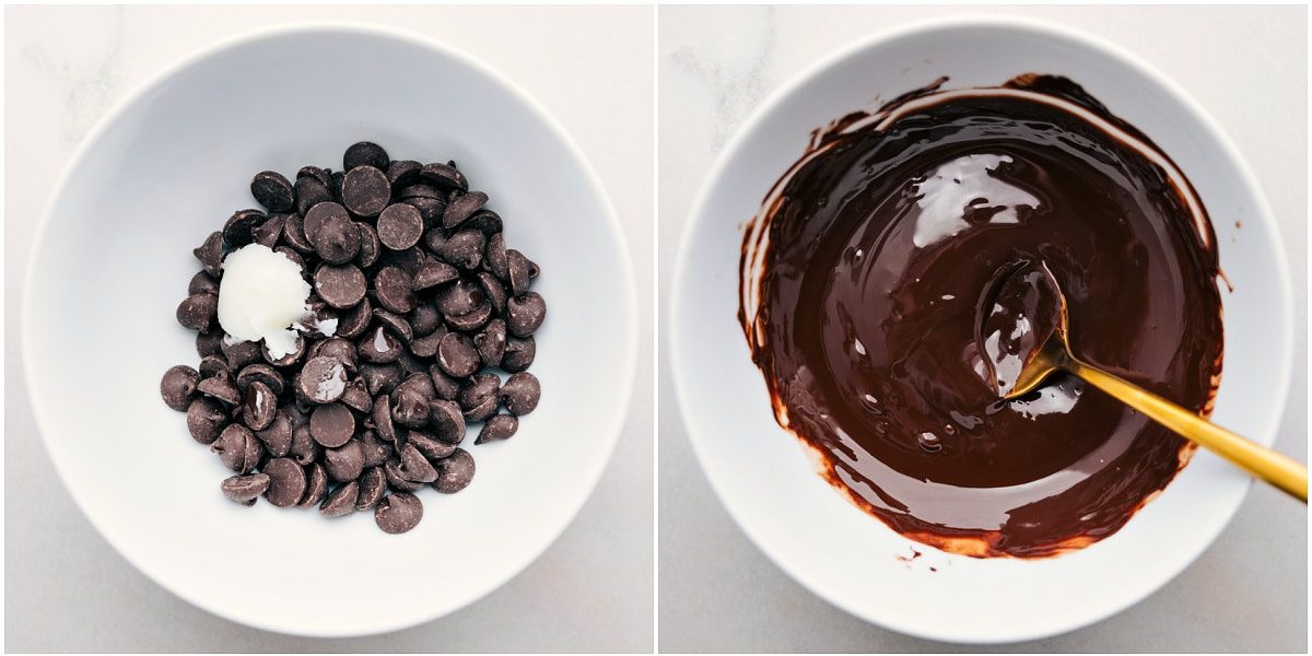 The chocolate chips being melted with coconut oil.