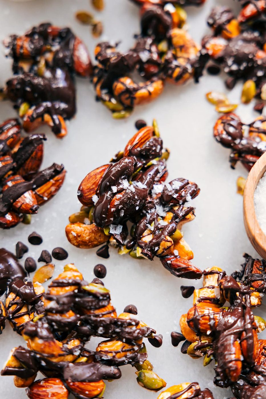 The healthy nut bark broken up in little pieces for a quick and satisfying snack.