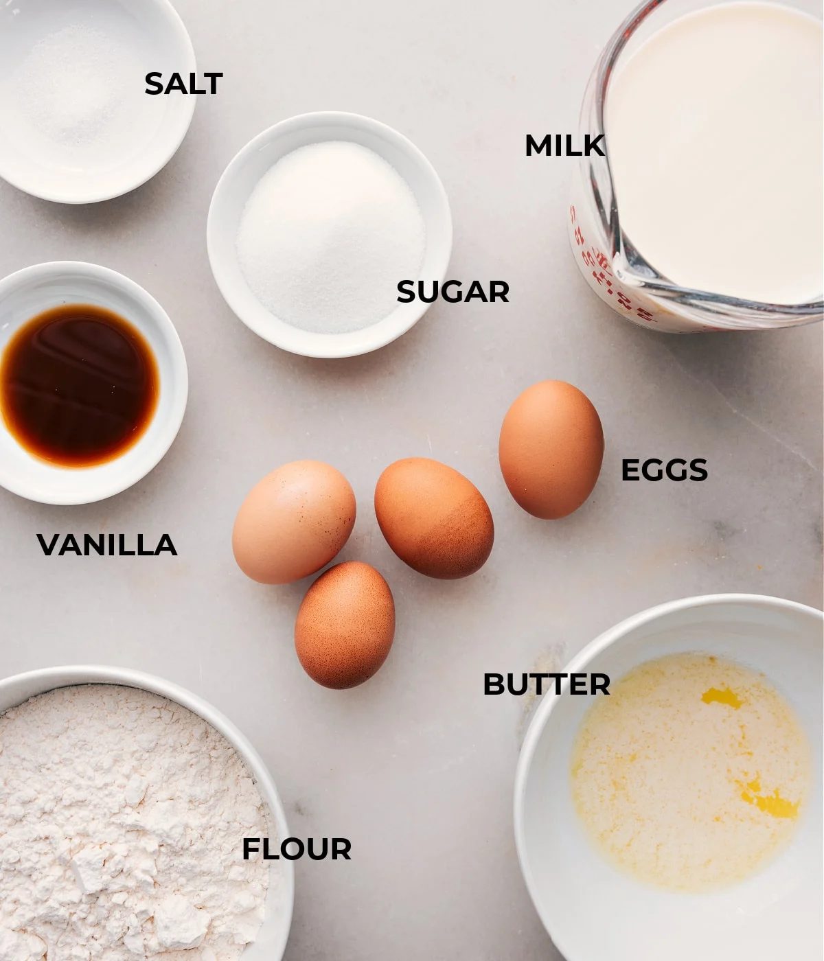 Ingredients used in the recipe, including flour, milk, sugar, eggs and vanilla.