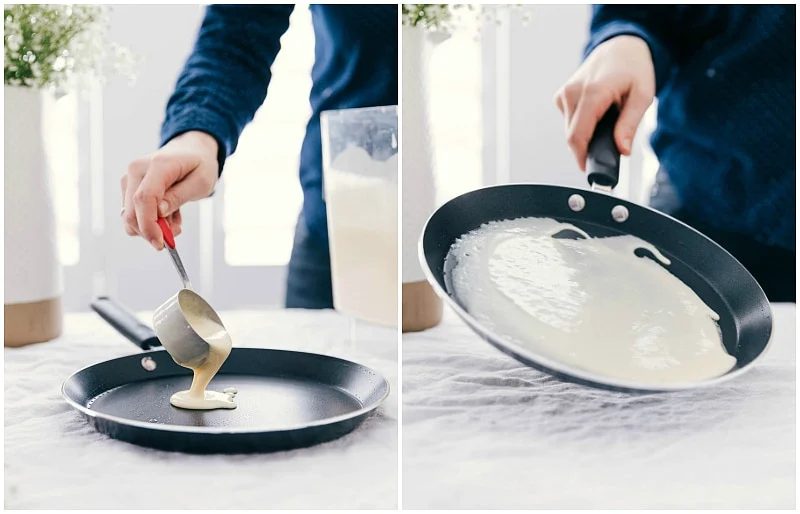 Liquid crepe batter being poured into a heated pan, followed by a swift tilting and swirling motion to evenly coat the bottom of the pan for thin and even cooking.