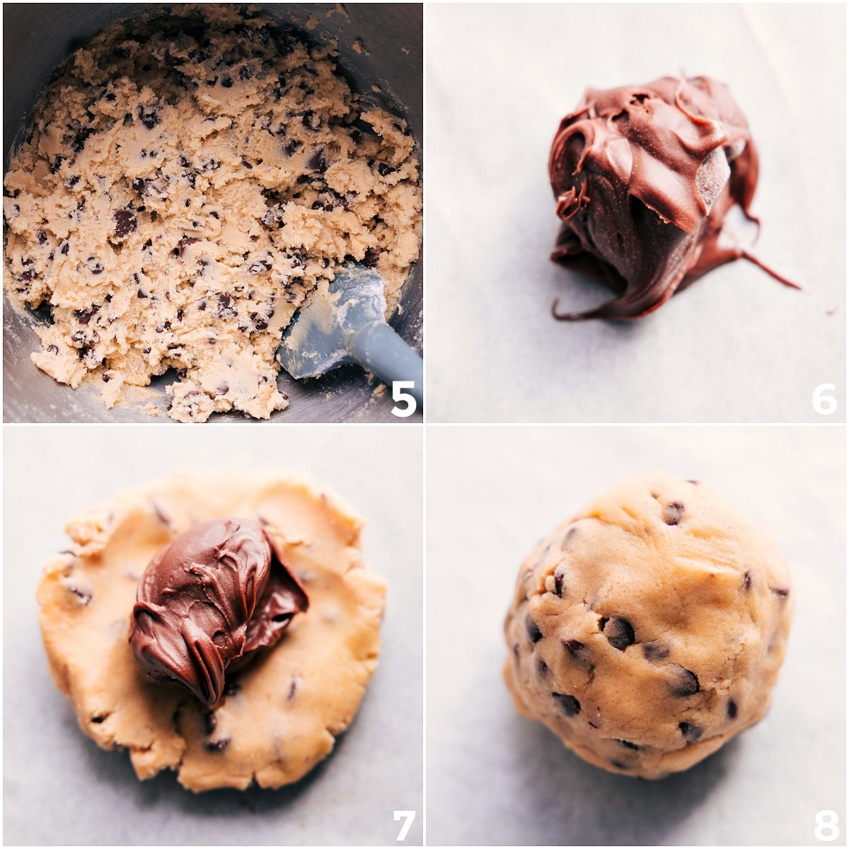 Chilled cookie dough flattened with a frozen scoop of Nutella in the center, then rolled into a ball and ready to bake.