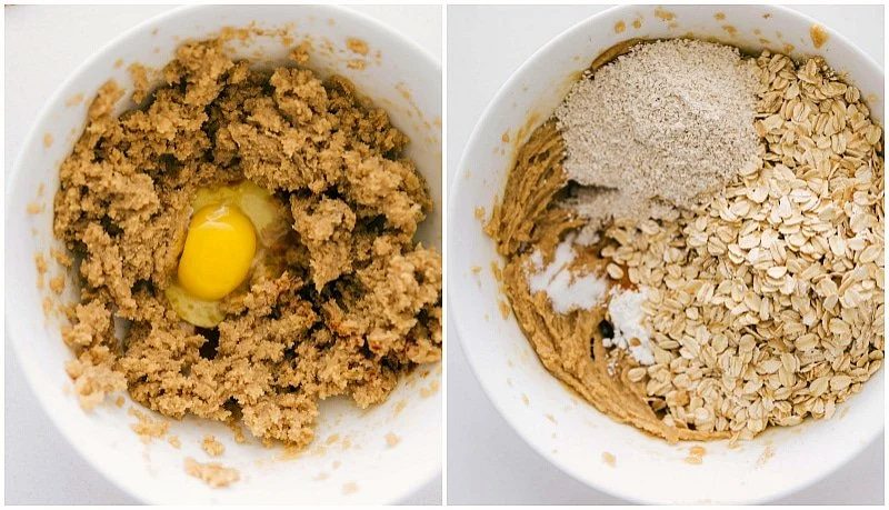 Combining the wet and dry ingredients to make the dough for this Chewy Oatmeal Cookie Recipe.