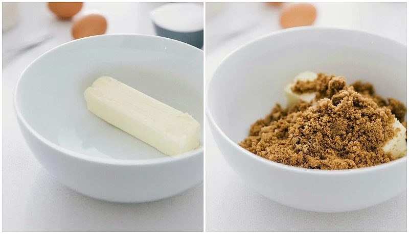 Combining the butter with sugar to mix together to make the batter.