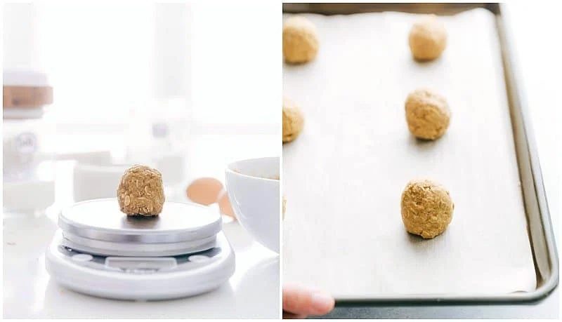 Weighing out the dough and putting it on a baking sheet to bake.