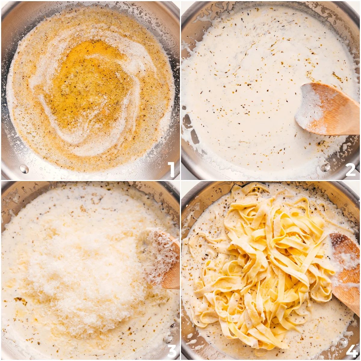 The creamy sauce being cooked together and then the cooked fettuccine added into the sauce for this Olive Garden Fettuccine Alfredo Recipe.