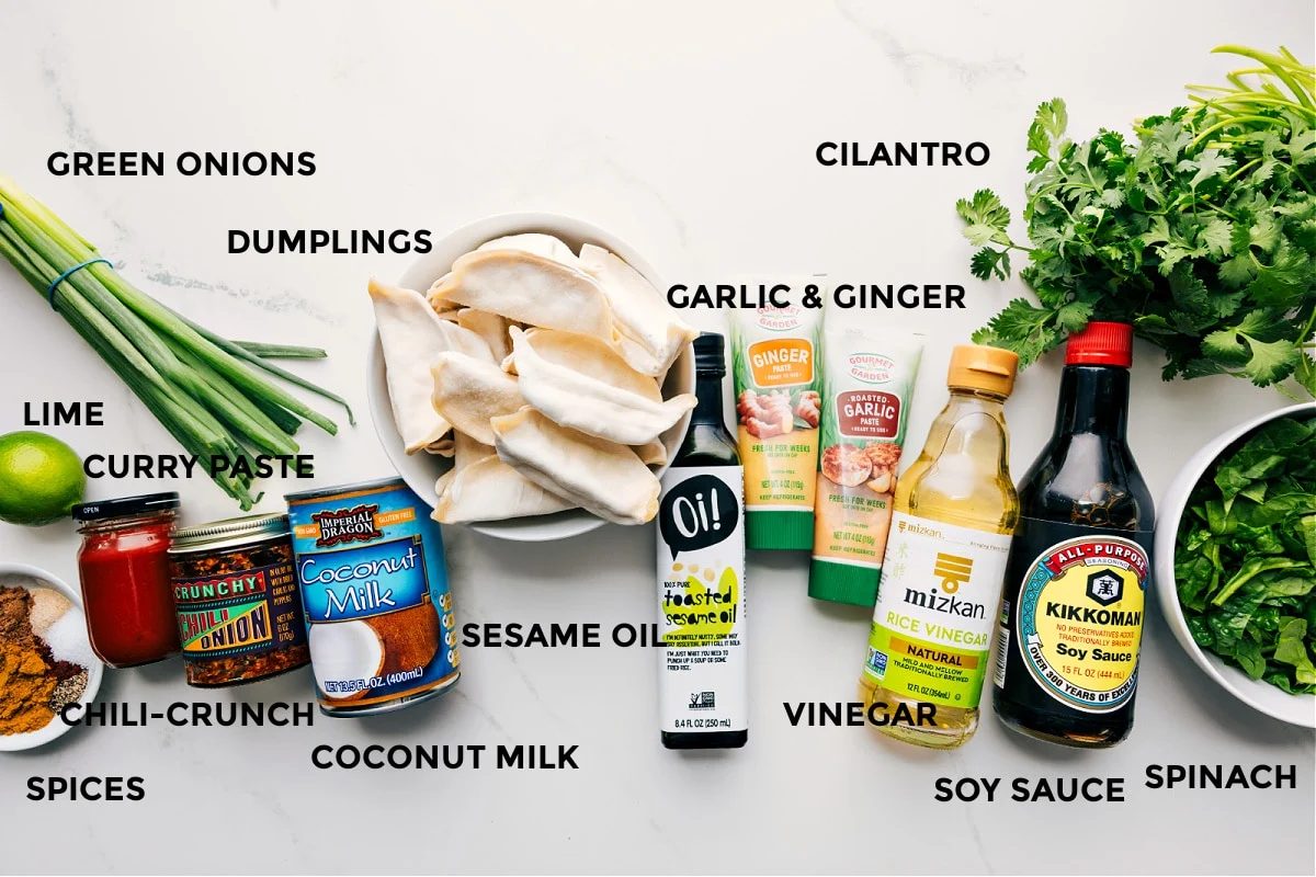 All the ingredients prepped for straightforward assembly including spices, lime, green onions, dumplings, chili crunch, curry paste, sesame oil, garlic, ginger, cilantro, vinegar, soy sauce, and spinach.