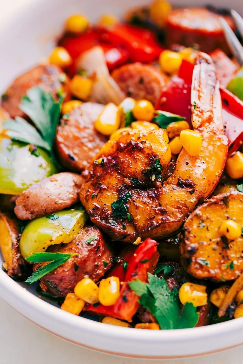 Up-close overhead image of the Shrimp and Sausage Recipe in a bowl ready to be eaten