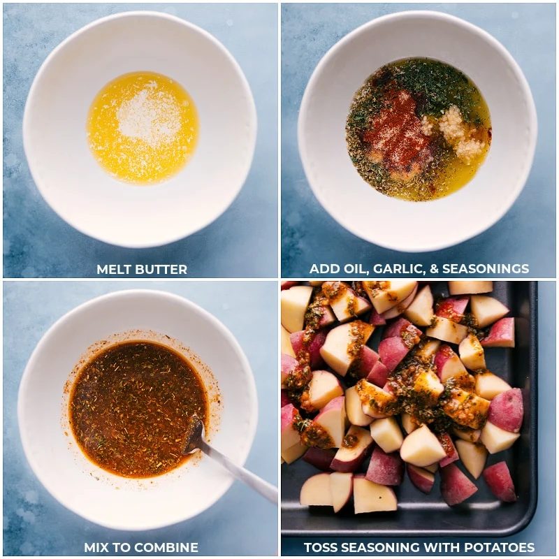 Process shots-- images of the butter and seasoning mix being mixed together and it all being poured over the potatoes