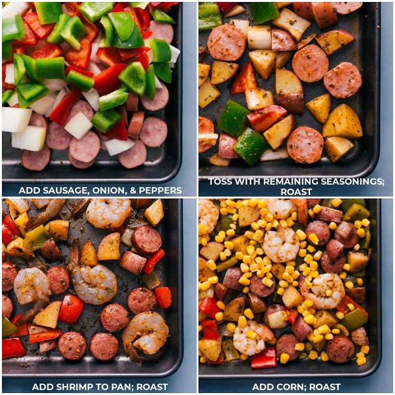 Process shots of Shrimp and Sausage Recipe-- images of the sausage, onion, and peppers being added to the sheet pan and being roasted and then the corn being added and it all roasting