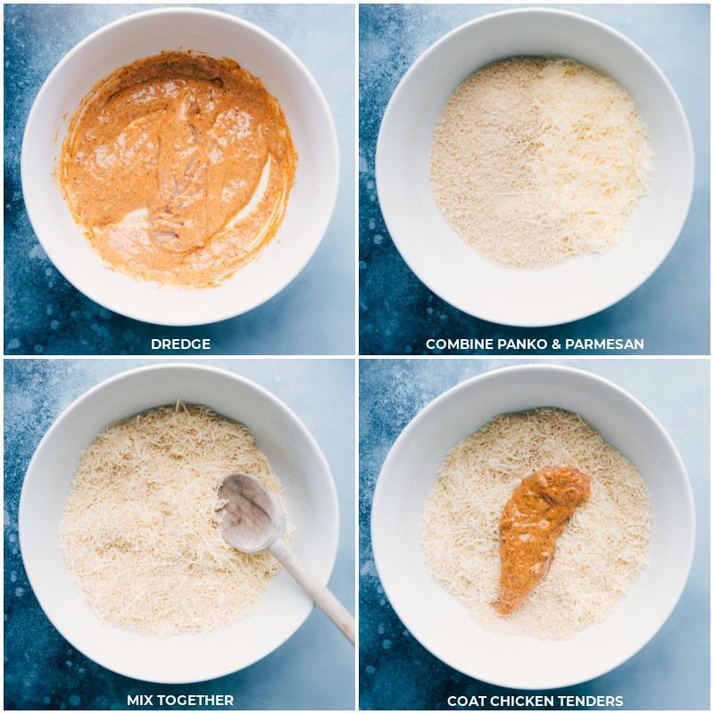 Dredge chicken in wet batter; mix panko and parmesan; coat chicken with the crumbs for this Sheet Pan Chicken and Zucchini.