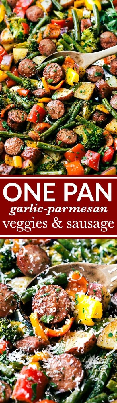 Healthy garlic parmesan roasted veggies with sausage and herbs all made and cooked on one pan. 10 minutes prep, straightforward clean-up! GREAT MEAL PREP IDEA. Recipe via flexfa.com