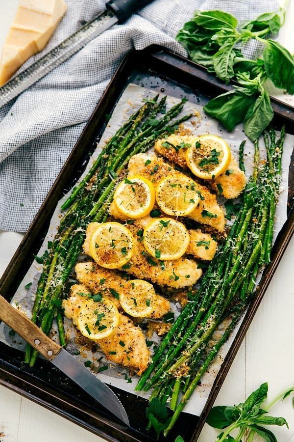 One Pan Lemon Parmesan Chicken plus Asparagus