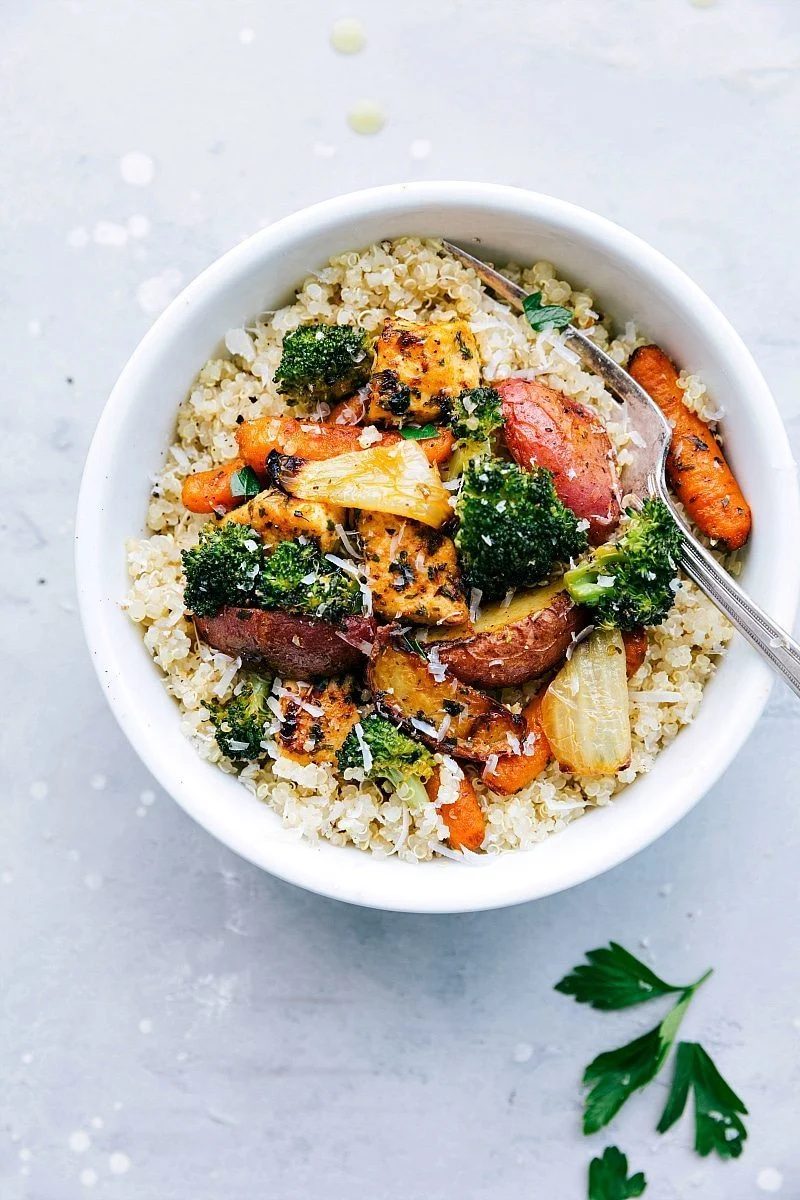 The reliable meal prep dish over a bed of quinoa.
