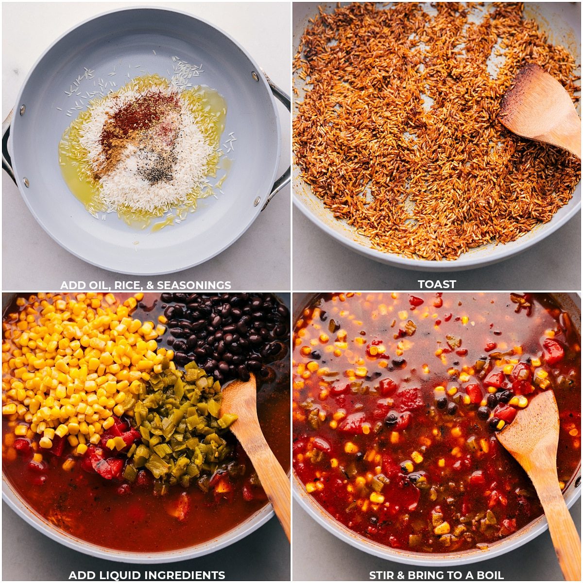 The rice being toasted and then corn, chiles, black beans, tomatoes, and broth added to the skillet.
