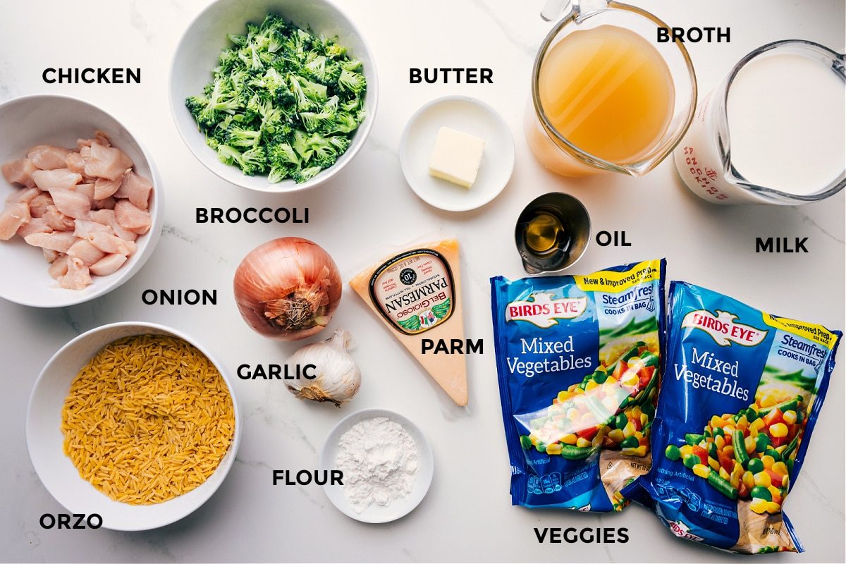 All the ingredients prepped and ready for straightforward assembly: chicken, orzo, broccoli, onion, garlic, flour, butter, oil, veggies, broth, and milk.