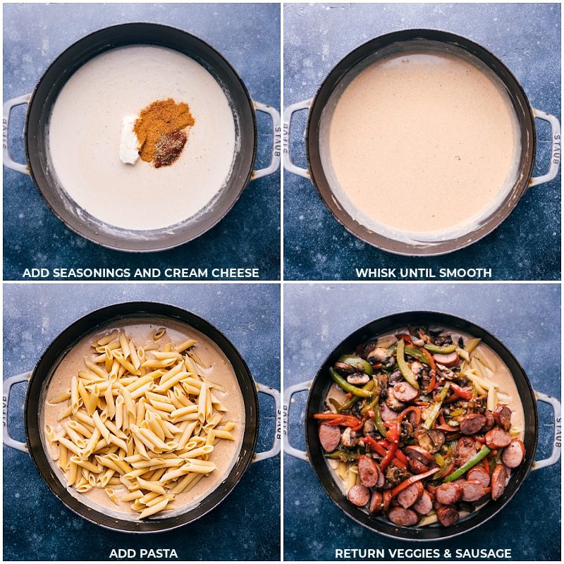 Season and add cream cheese; whisk to smooth; add pasta and return veggies and sausage to the pan.