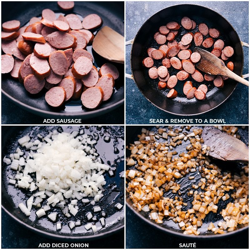 Sear the sausage and remove to bowl; sautee onion.