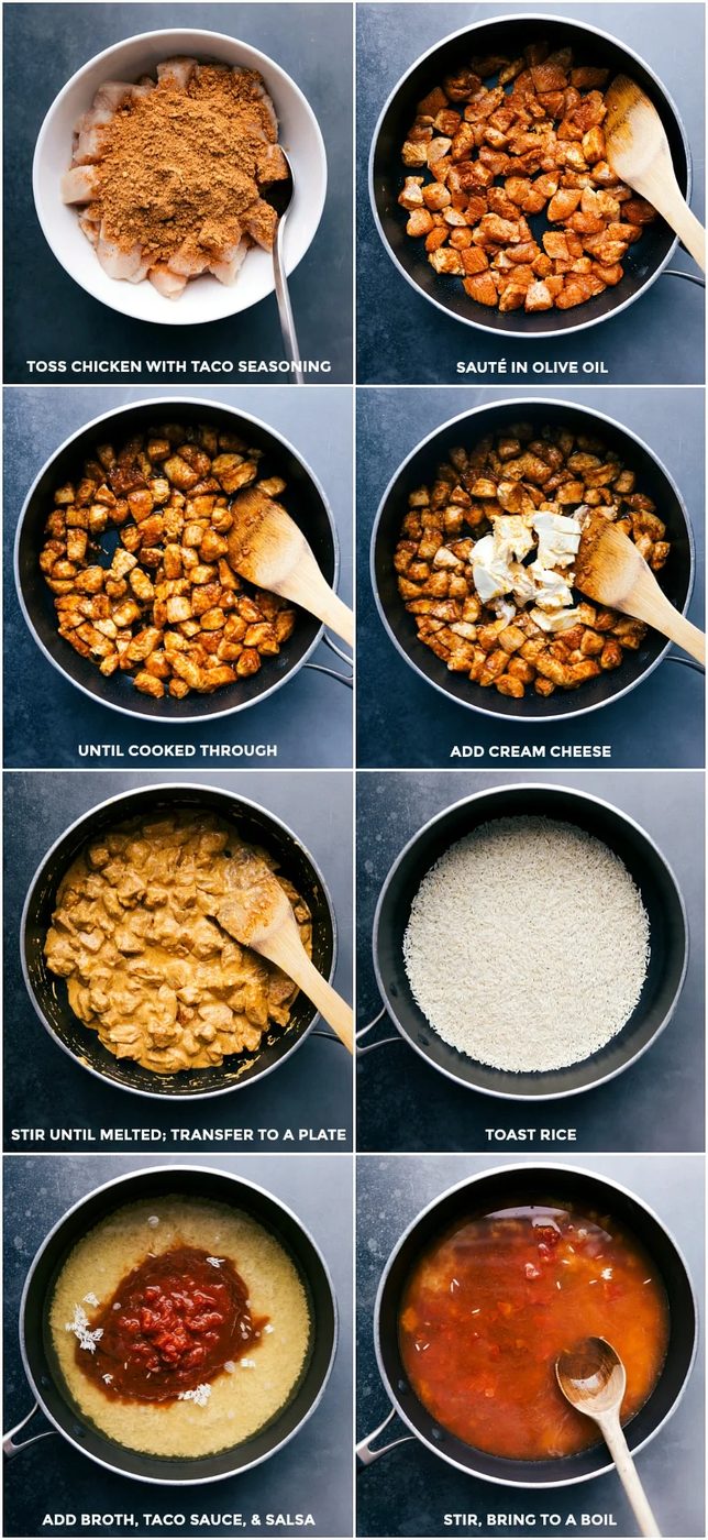 Start by seasoning the chicken, sautéing it in a skillet, then adding cream cheese once it’s cooked through.