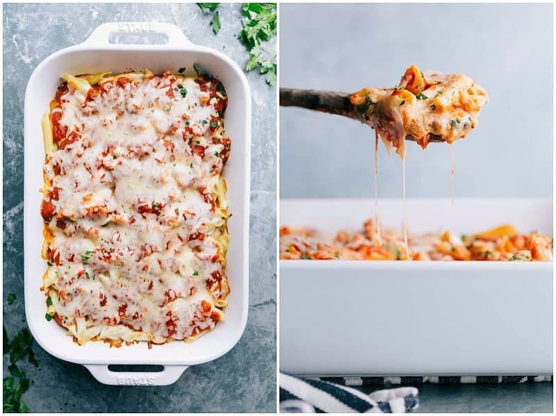 Finished casserole dish topped with melted cheese and fresh herbs, with a spoonful being taken out to showcase its satisfying texture and flavor.