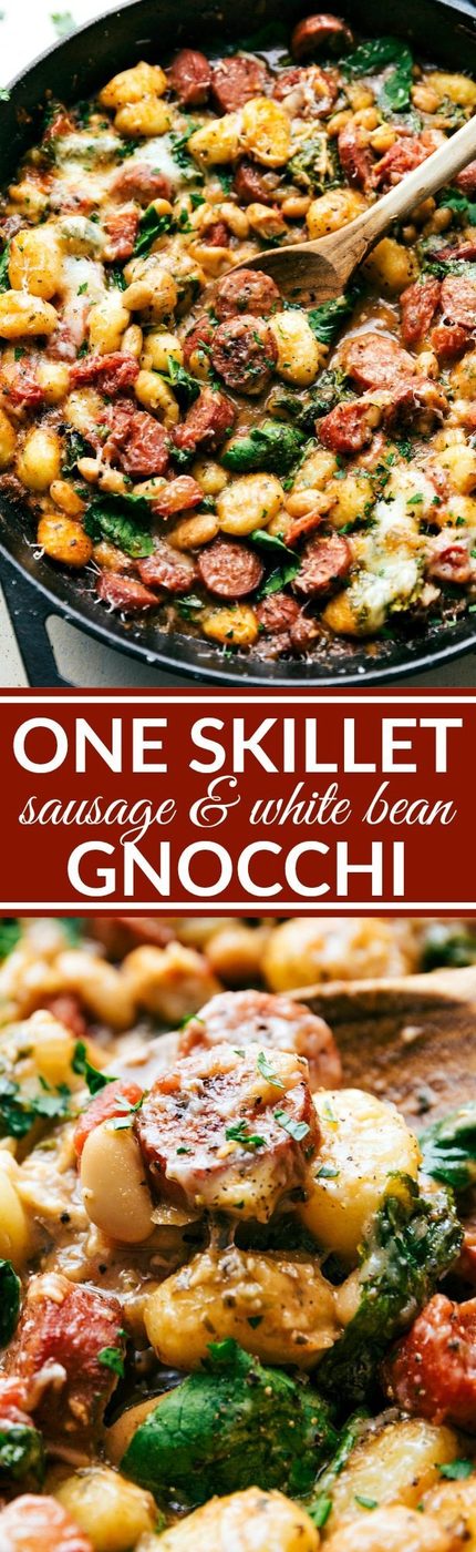 Only ONE skillet needed for a satisfying 30 minute dinner recipe. Garlic, onion, sausage, white beans, gnocchi, tomatoes, and spinach plus spices and cheese mix together to make an incredible dinner in thirty minutes. Recipe via flexfa.com