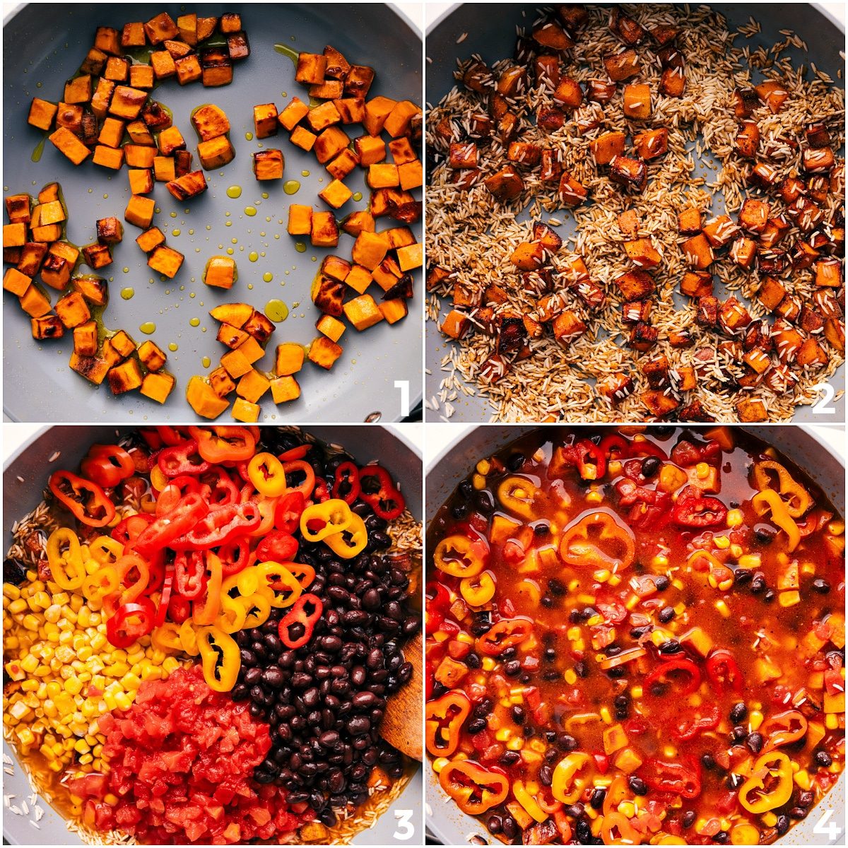 All the ingredients for these One Skillet Sweet Potato Burrito Bowls being added to the skillet, except the cheese, to cook together for a satisfying one pot meal.