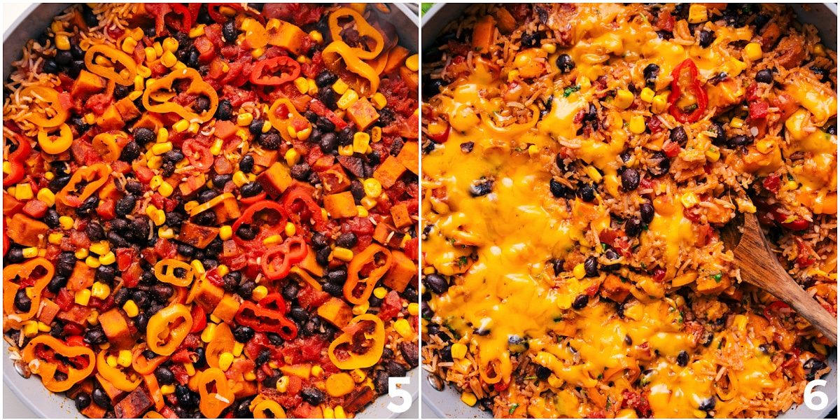 The one pan dinner cooked through with cheese melted on top.