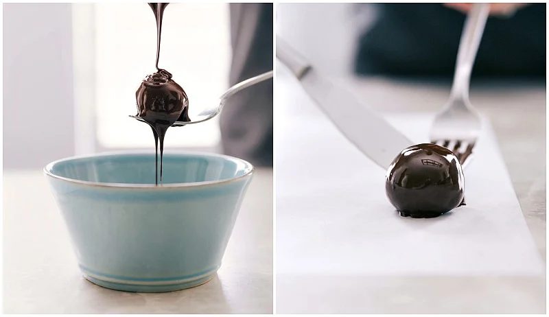 Oreo balls being dipped in melted chocolate to complete the Oreo truffles, creating a smooth and satisfying coating.