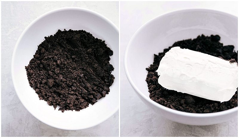 Crushed Oreos with cream cheese being added, ready to be mixed together for this Oreo truffles recipe.