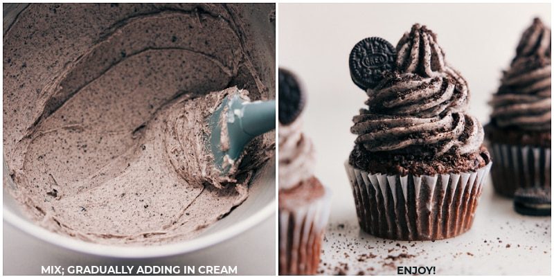 The Cookies and Cream Frosting in the bowl and on a cupcake.