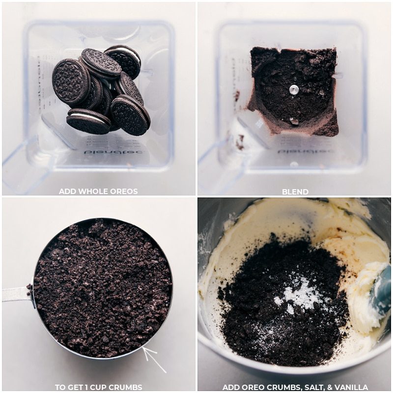 The Oreos being blended and added into the mix along with salt and vanilla.