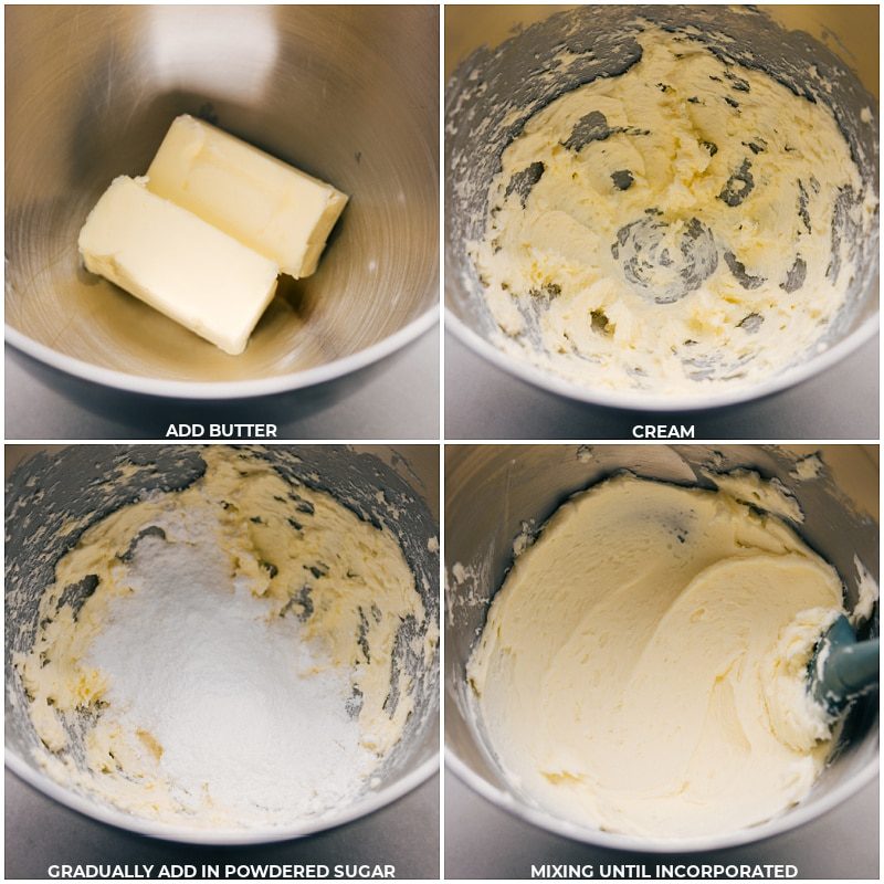 The butter being creamed together and the powdered sugar being mixed through for this cookies and cream frosting.