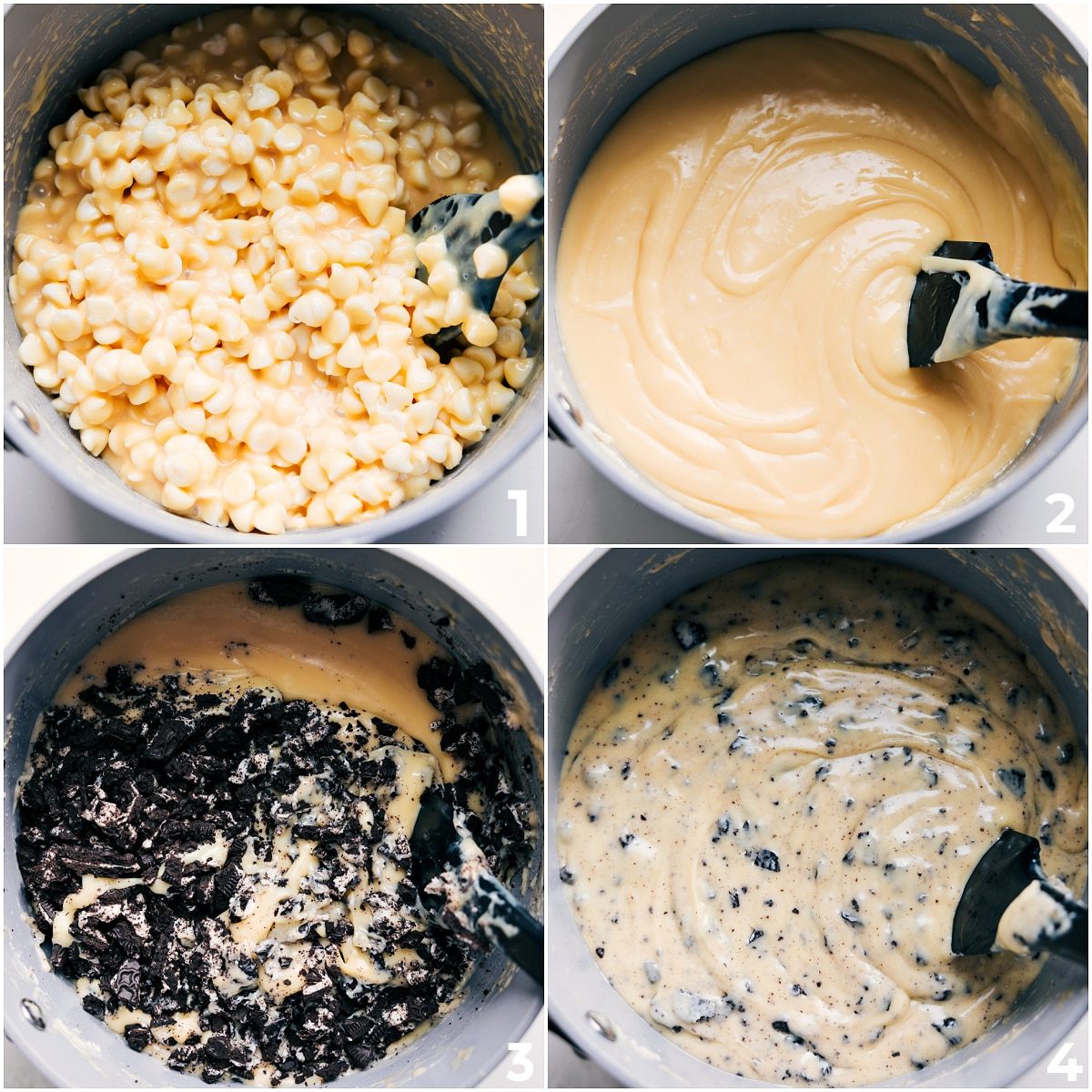 The chocolate and condensed milk melted together and then the Oreo crumbs added in for this Oreo fudge recipe.