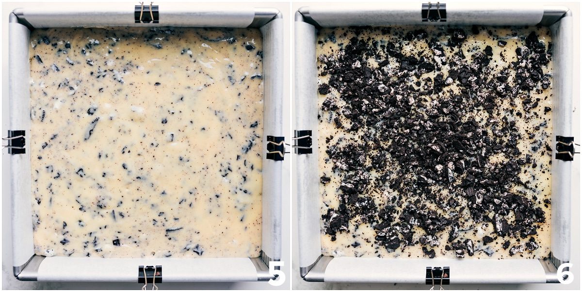 The chocolate and Oreo mix poured into a pan and additional Oreos sprinkled on top to harden.