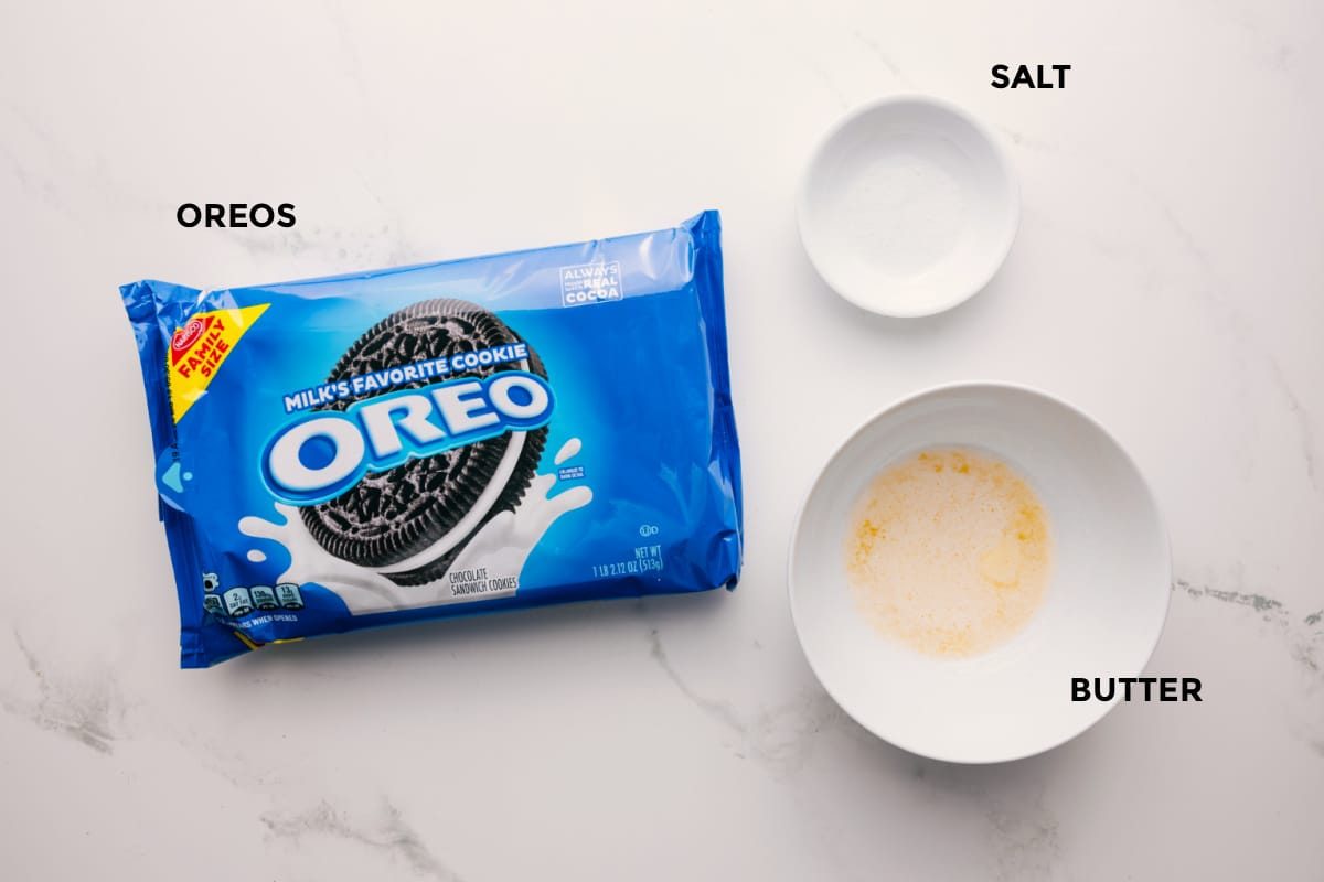 The 3 ingredients used in this recipe prepped out for straightforward assembly including the Oreos, salt, and butter.