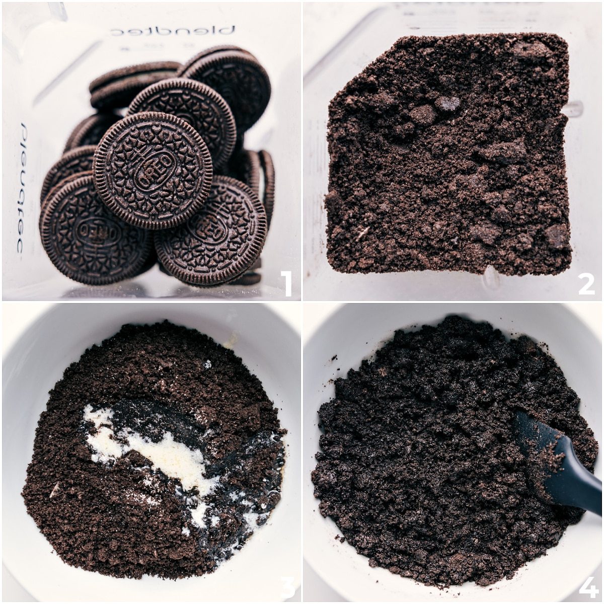 Oreos blended into crumbs with butter and salt added for an Oreo pie crust recipe.
