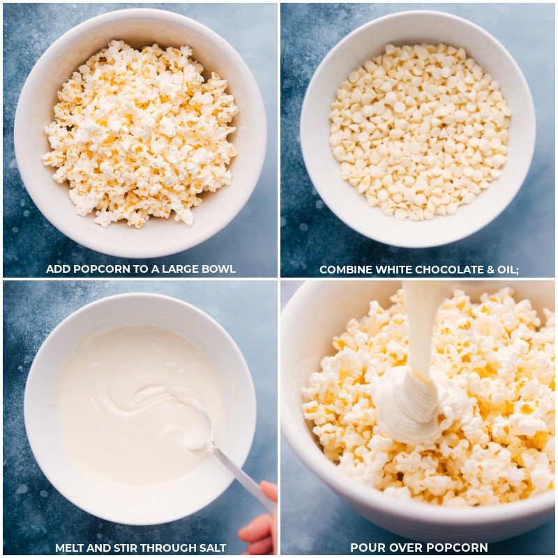 Process shots: Make Oreo Popcorn by adding popcorn to a large bowl; combining white chocolate and oil; melt and mix in salt; pour the chocolate mixture over the popcorn.