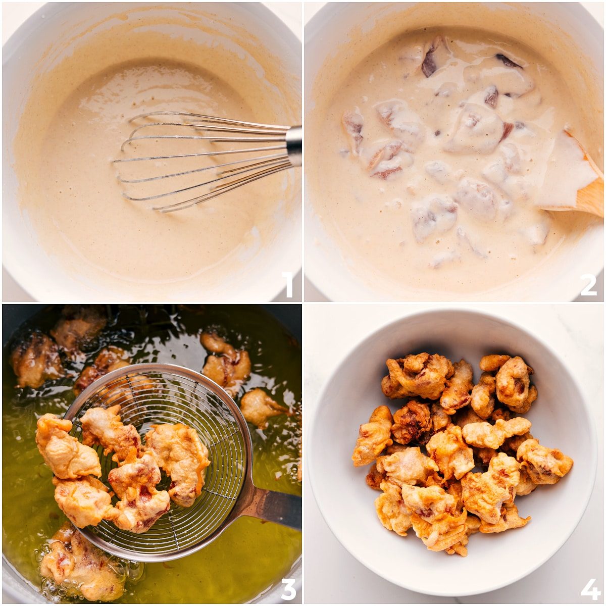 Chicken batter whisked smooth, chicken pieces added, and the chicken being deep fried until the edges turn golden.