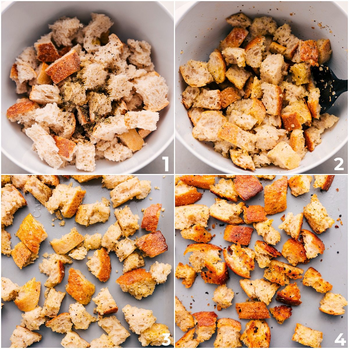 Toss the bread with seasonings, herbs, garlic, oil, and butter, then roast it.