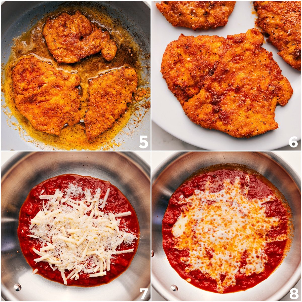 Breaded chicken frying, then added to sauce and topped with cheese for a comforting dinner.