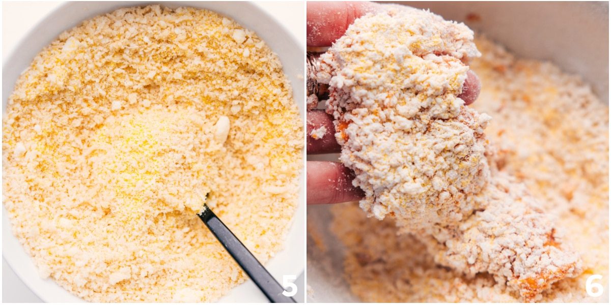 The chicken being tossed in the cheese and breadcrumbs before cooking.