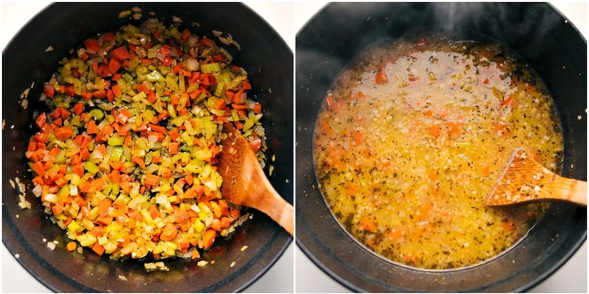 The veggies being sautéed and then the rest of the pastina soup ingredients being added to the pot to cook through.