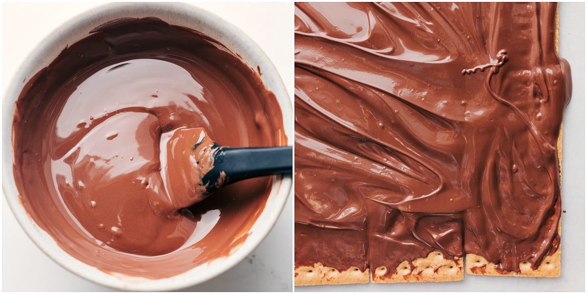 Melted chocolate spread evenly over graham crackers for this 4th of July bark recipe.