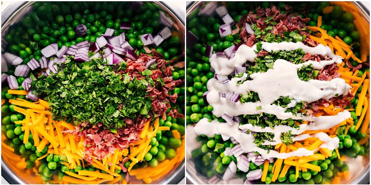 All the salad ingredients added in a bowl, dressed, and ready to be tossed together.