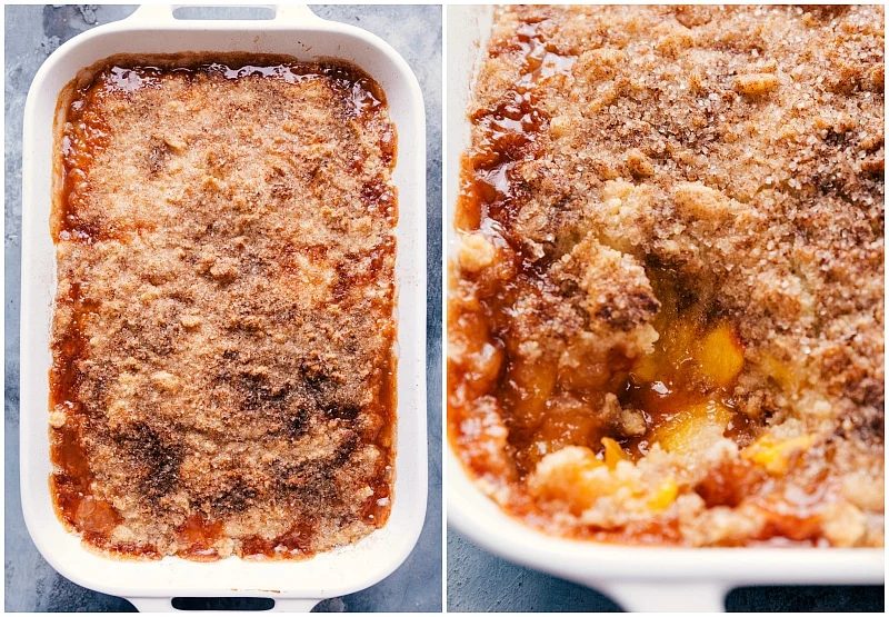 Finished peach cobbler recipe, fresh out of the oven, a satisfying dessert ready to be enjoyed.