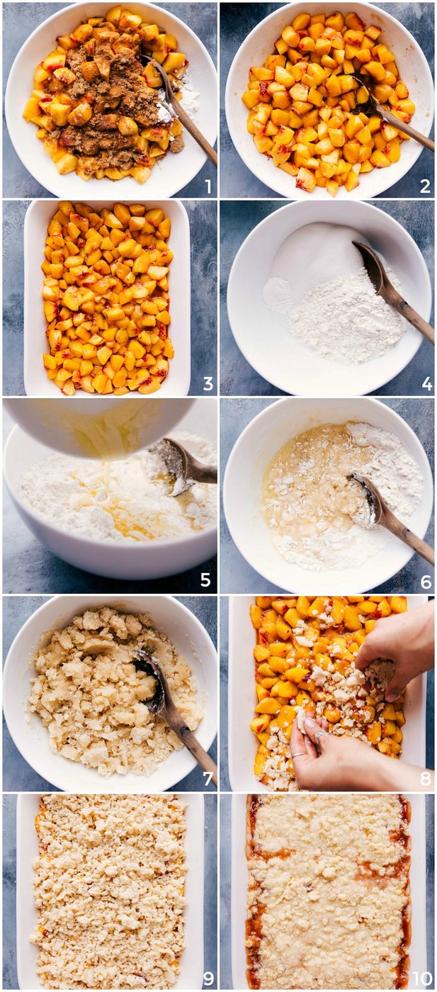 Preparing peach filling and satisfying crumble topping for the dessert.