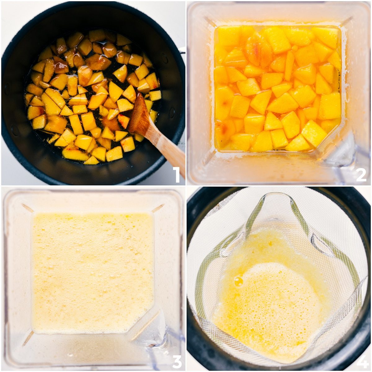 The peaches being simmered with sugar and water and then blended up and lemon juice being added for this peach lemonade.