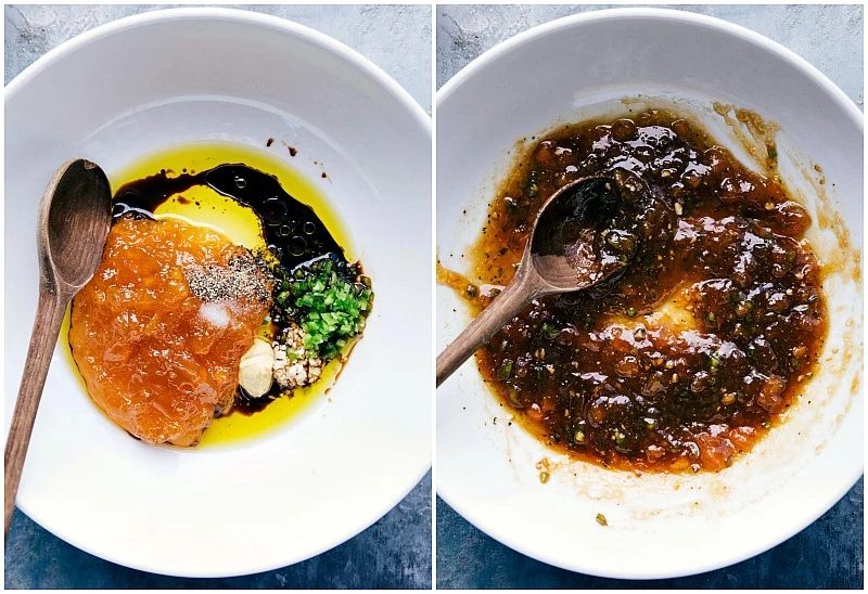 All ingredients for the glaze being combined in a bowl to create a satisfying, glossy mixture.